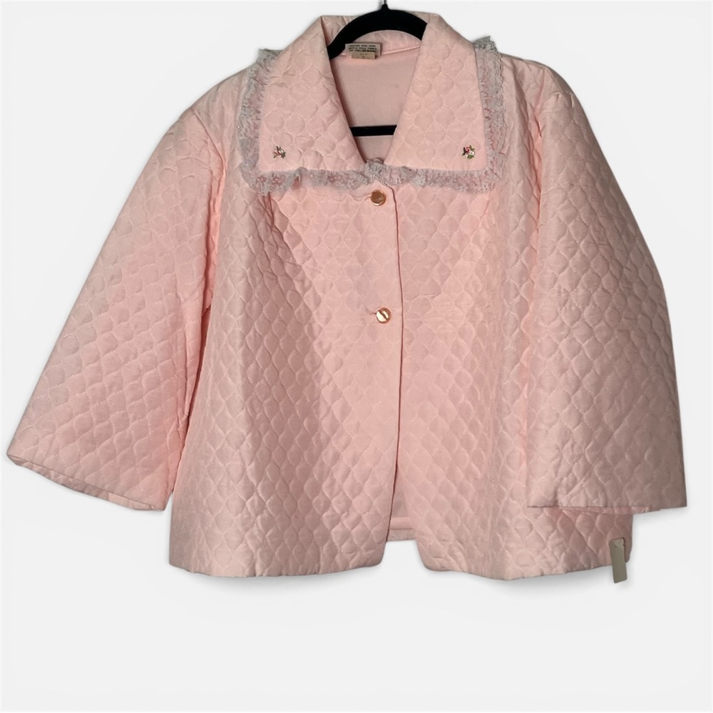 Vintage Nanette‎ Pink Quilted Bed Jacket Lace Trim size XL Deadstock *flaw
